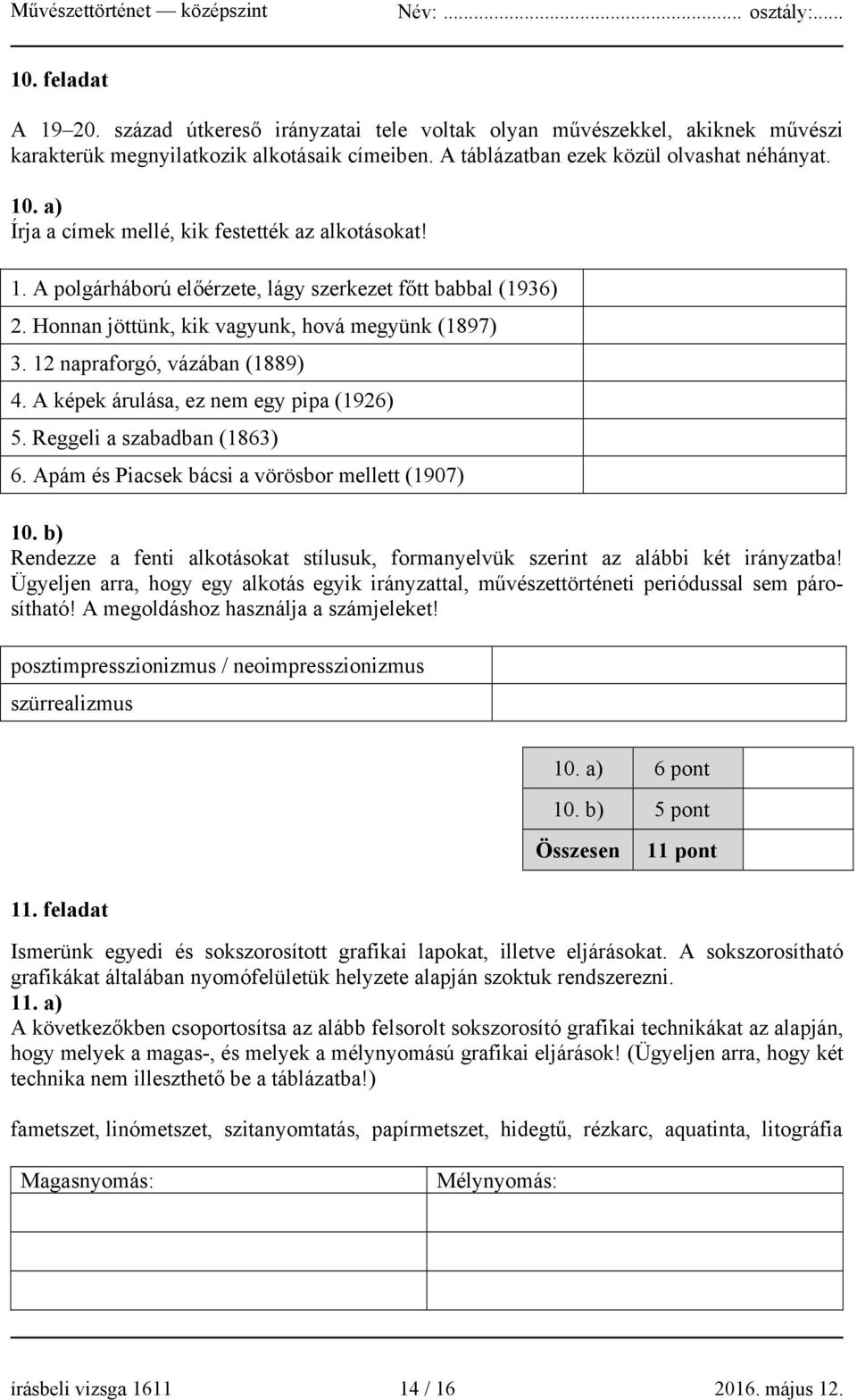 12 napraforgó, vázában (1889) 4. A képek árulása, ez nem egy pipa (1926) 5. Reggeli a szabadban (1863) 6. Apám és Piacsek bácsi a vörösbor mellett (1907) 10.