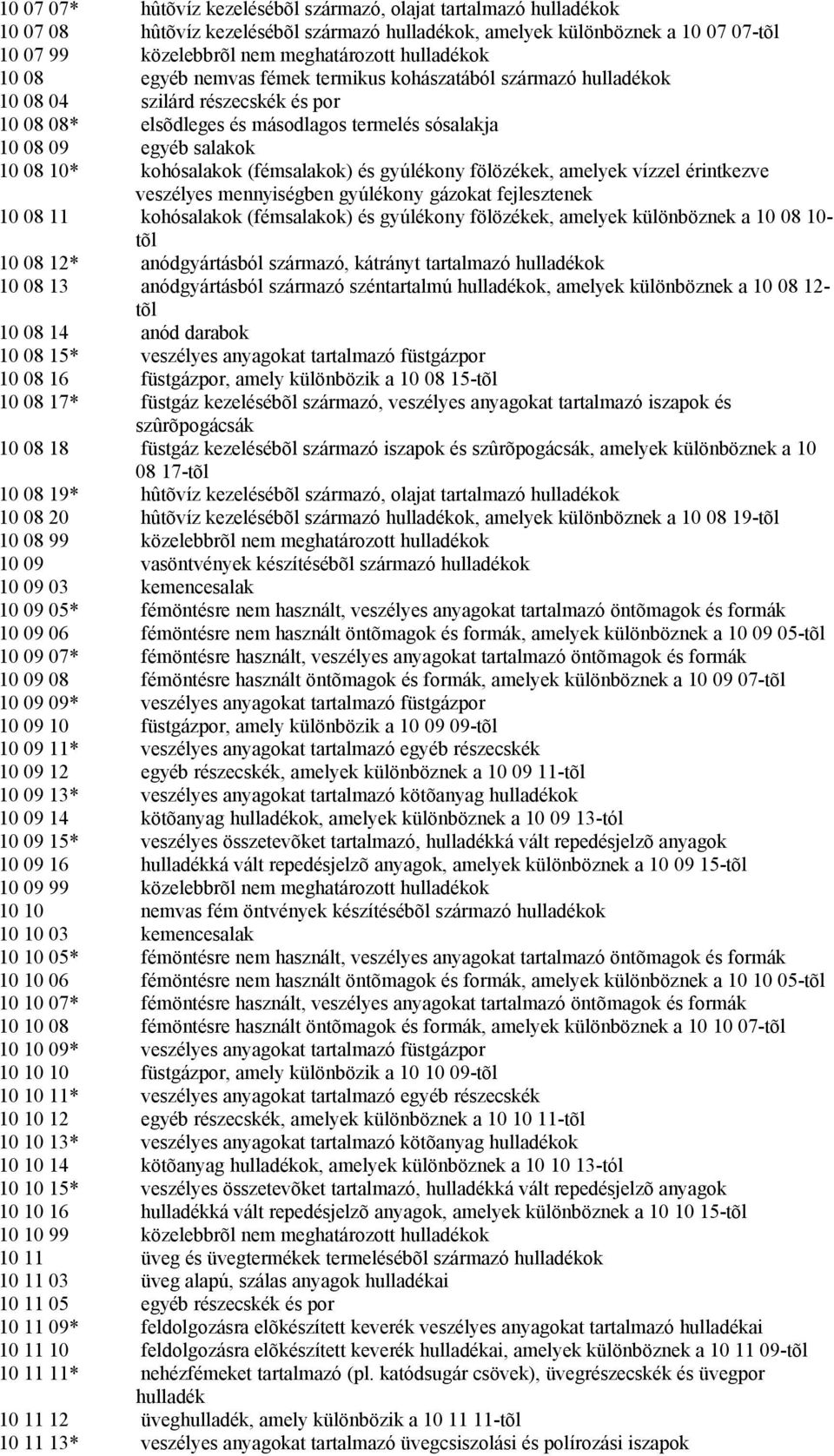 fölözékek, amelyek vízzel érintkezve veszélyes mennyiségben gyúlékony gázokat fejlesztenek 10 08 11 kohósalakok (fémsalakok) és gyúlékony fölözékek, amelyek különböznek a 10 08 10- tõl 10 08 12*