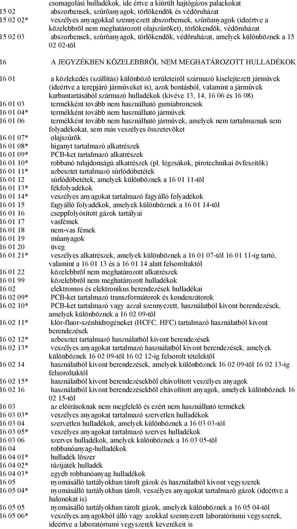 MEGHATÁROZOTT HULLADÉKOK 16 01 a közlekedés (szállítás) különbözõ területeirõl származó kiselejtezett jármûvek (ideértve a terepjáró jármûveket is), azok bontásból, valamint a jármûvek