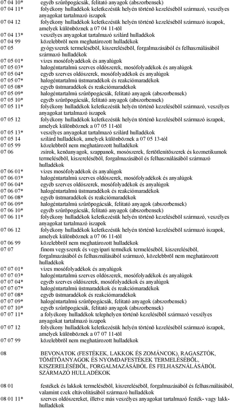 termelésébõl, kiszerelésébõl, forgalmazásából és felhasználásából származó 07 05 01* vizes mosófolyadékok és anyalúgok 07 05 03* halogéntartalmú szerves oldószerek, mosófolyadékok és anyalúgok 07 05