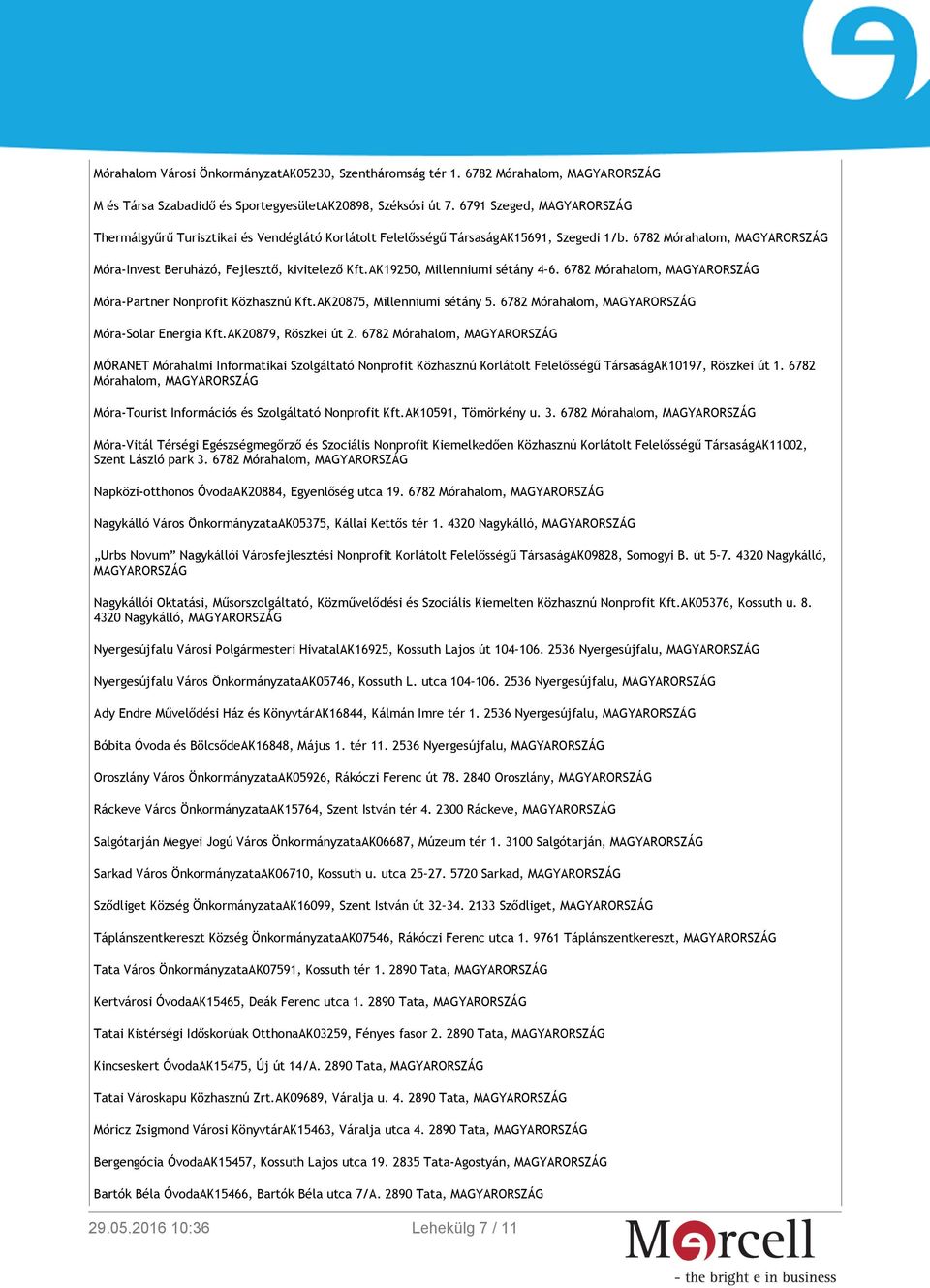 AK19250, Millenniumi sétány 4 6. 6782 Mórahalom, MAGYARORSZÁG Móra-Partner Nonprofit Közhasznú Kft.AK20875, Millenniumi sétány 5. 6782 Mórahalom, MAGYARORSZÁG Móra-Solar Energia Kft.