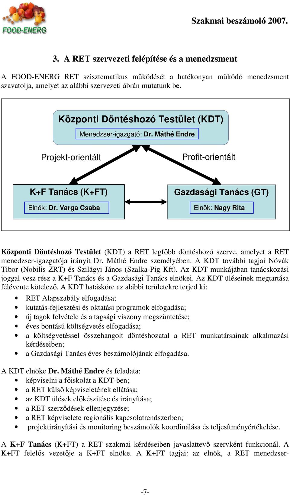 Varga Csaba Zoltán Gazdasági Tanács (GT) Elnök: Nagy Rita Központi Döntéshozó Testület (KDT) a RET legfıbb döntéshozó szerve, amelyet a RET menedzser-igazgatója irányít Dr. Máthé Endre személyében.