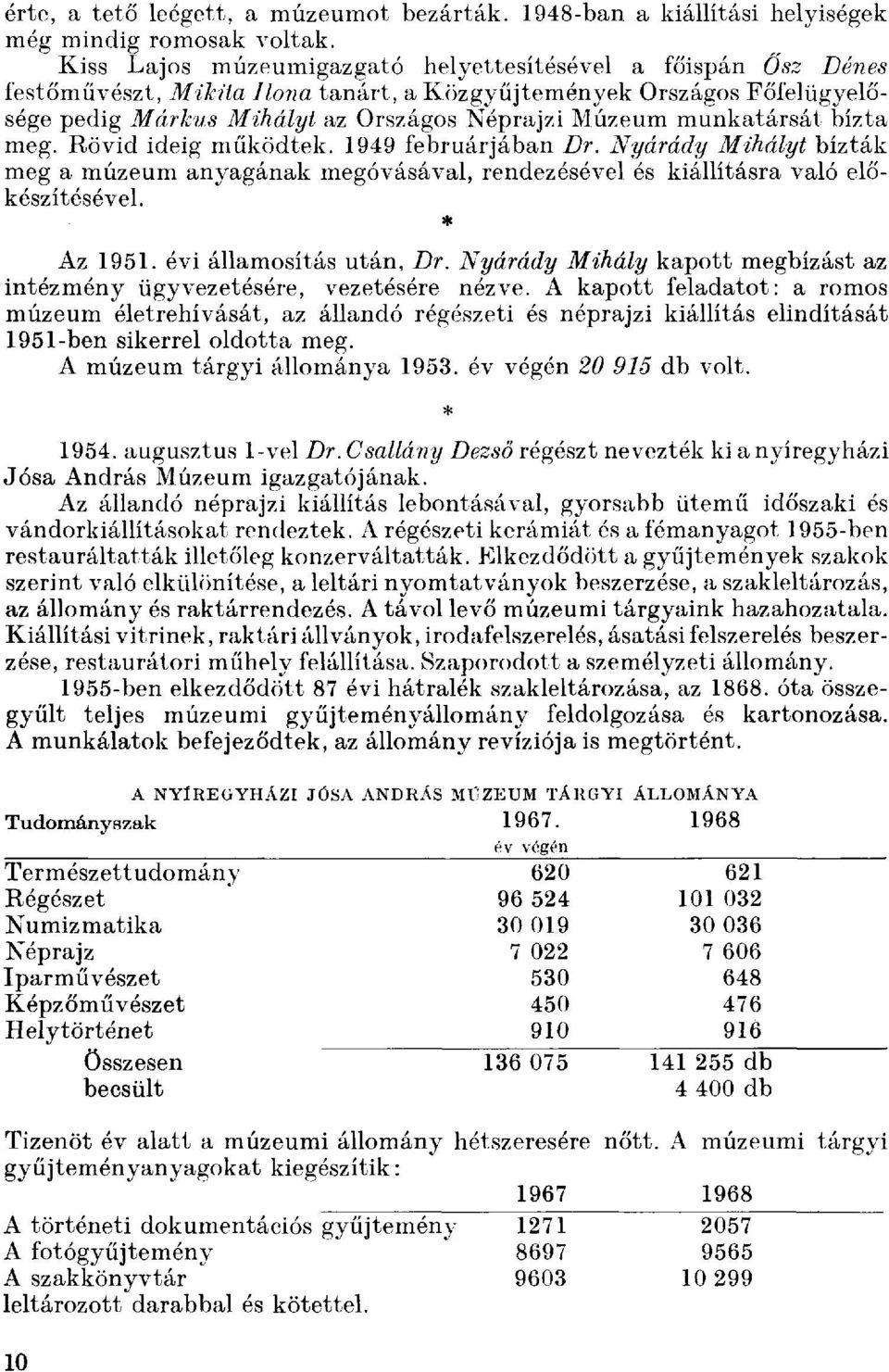 munkatársát bízta meg. Rövid ideig működtek. 1949 februárjában Dr. Nyárády Mihályt bízták meg a múzeum anyagának megóvásával, rendezésével és kiállításra való előkészítésével. Az 1951.