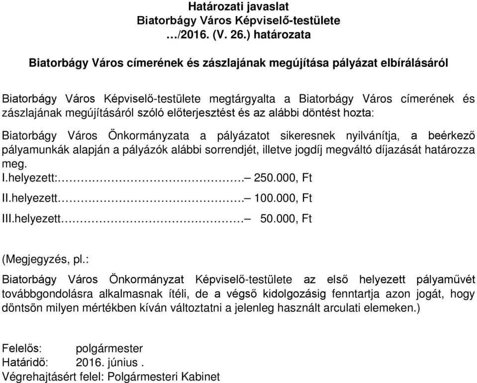 szóló előterjesztést és az alábbi döntést hozta: Biatorbágy Város Önkormányzata a pályázatot sikeresnek nyilvánítja, a beérkező pályamunkák alapján a pályázók alábbi sorrendjét, illetve jogdíj