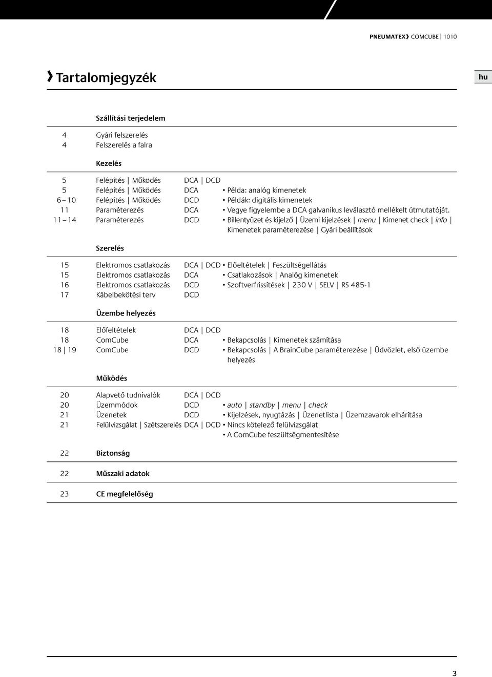 11 14 Paraméterezés DD illentyűzet és kijelző Üzemi kijelzések menu Kimenet check info Kimenetek paraméterezése Gyári beállítások Szerelés 15 Elektromos csatlakozás DA DD Előeltételek