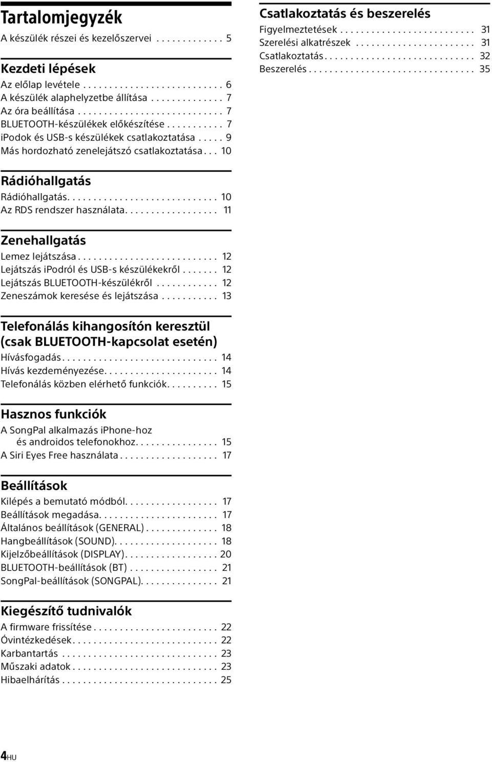 .. 10 Csatlakoztatás és beszerelés Figyelmeztetések.......................... 31 Szerelési alkatrészek....................... 31 Csatlakoztatás............................. 32 Beszerelés.