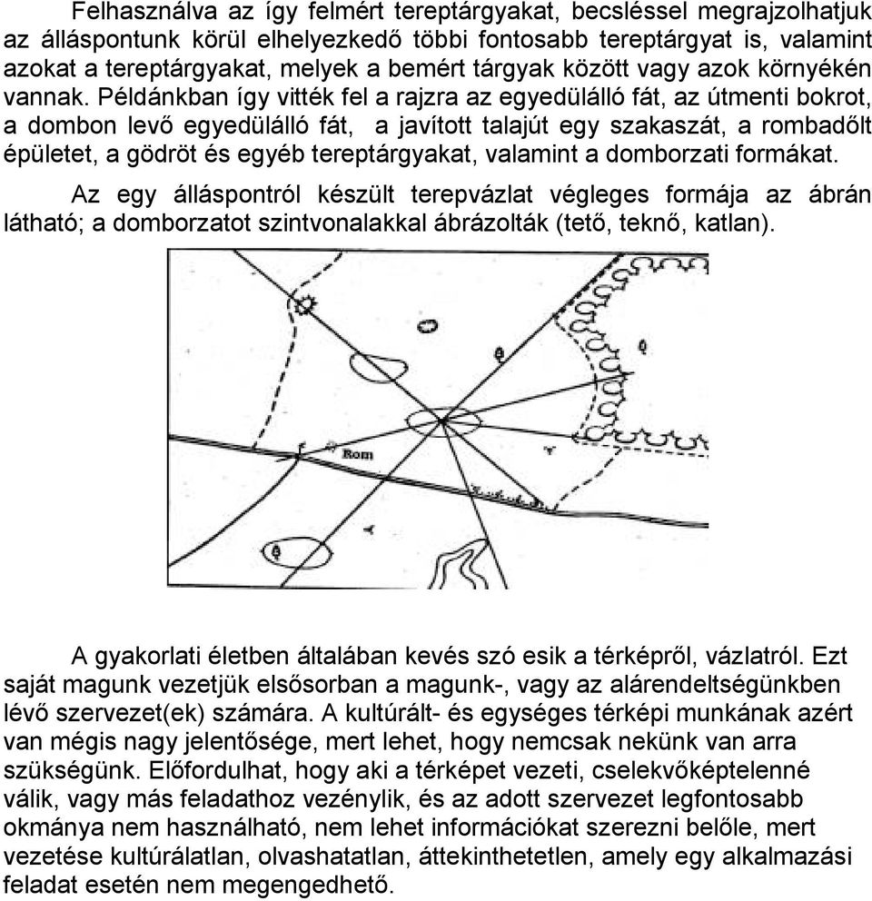 Példánkban így vitték fel a rajzra az egyedülálló fát, az útmenti bokrot, a dombon levő egyedülálló fát, a javított talajút egy szakaszát, a rombadőlt épületet, a gödröt és egyéb tereptárgyakat,