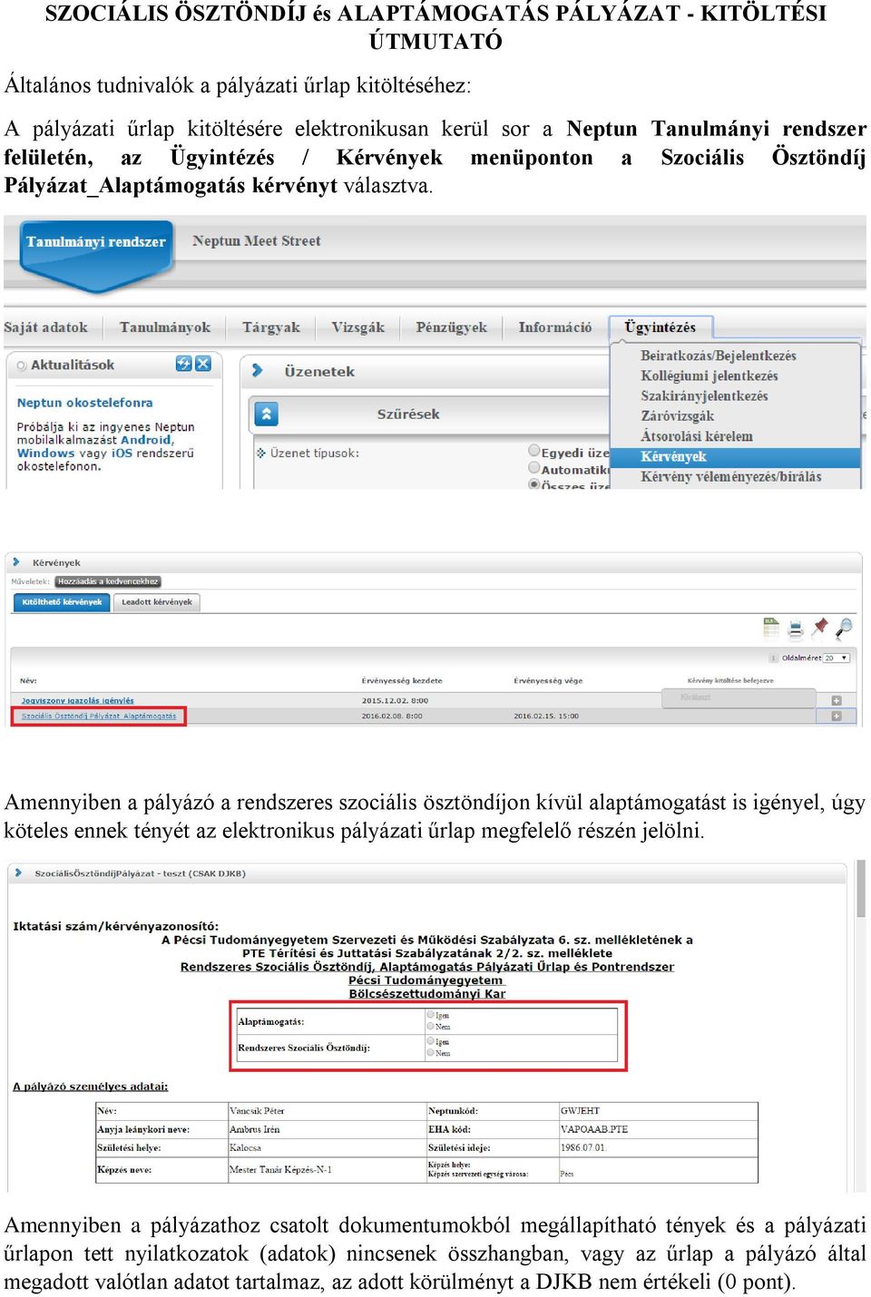 Amennyiben a pályázó a rendszeres szociális ösztöndíjon kívül alaptámogatást is igényel, úgy köteles ennek tényét az elektronikus pályázati űrlap megfelelő részén jelölni.