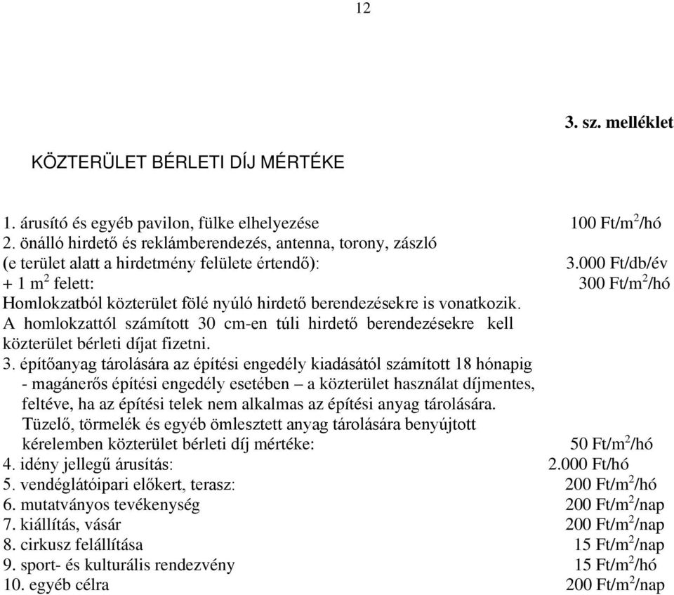 000 Ft/db/év + 1 m 2 felett: 300 Ft/m 2 /hó Homlokzatból közterület fölé nyúló hirdető berendezésekre is vonatkozik.