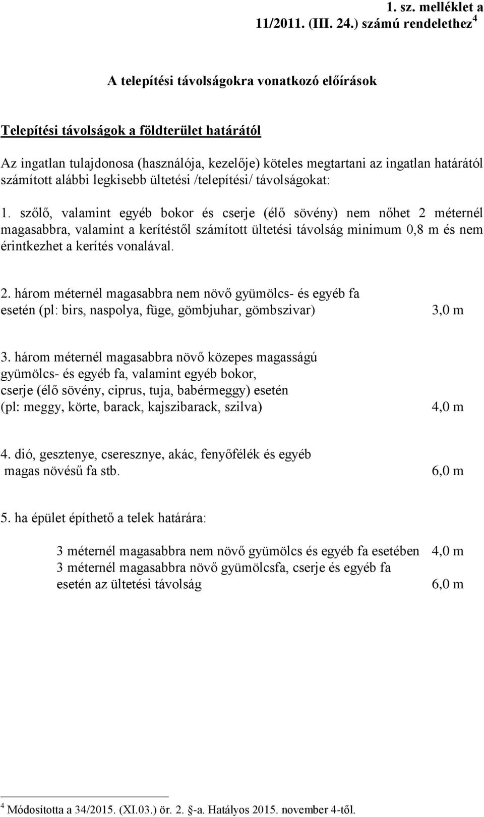 határától számított alábbi legkisebb ültetési /telepítési/ távolságokat: 1.