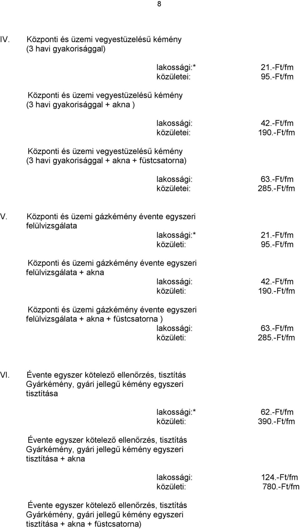 -Ft/fm Központi és üzemi vegyestüzelésű kémény (3 havi gyakorisággal + akna + füstcsatorna) lakossági: közületei: 63.-Ft/fm 285.-Ft/fm V.