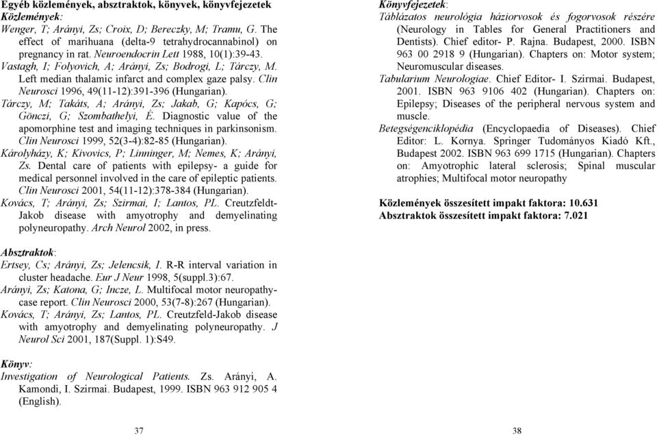 Clin Neurosci 1996, 49(11-12):391-396 (Hungarian). Tárczy, M; Takáts, A; Arányi, Zs; Jakab, G; Kapócs, G; Gönczi, G; Szombathelyi, É.