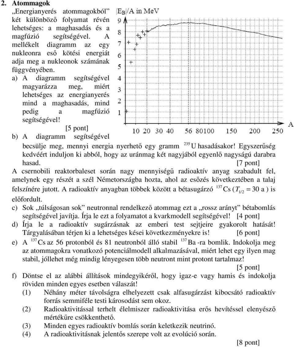 a) A diagramm segítségével magyarázza meg, miért lehetséges az energianyerés mind a maghasadás, mind pedig a magfúzió segítségével!