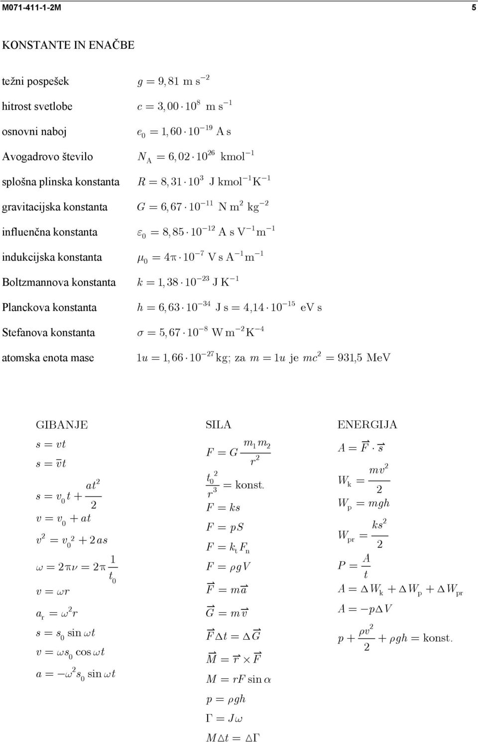 Planckova konstanta Stefanova konstanta atomska enota mase 34 15 h = 6, 63 1 J s = 4,14 1 ev s 8 σ = 5, 67 1 W m K 4 7 1u = 1,66 1 kg; za m = 1 u je mc = 931,5 MeV GIBANJE s = vt s = vt at s = v t +