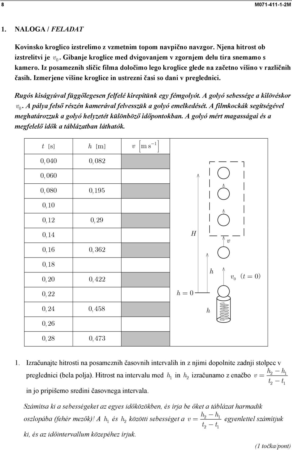 Izmerjene višine kroglice in ustrezni časi so dani v preglednici. Rugós kiságyúval függőlegesen felfelé kirepítünk egy fémgolyót. A golyó sebessége a kilövéskor v.