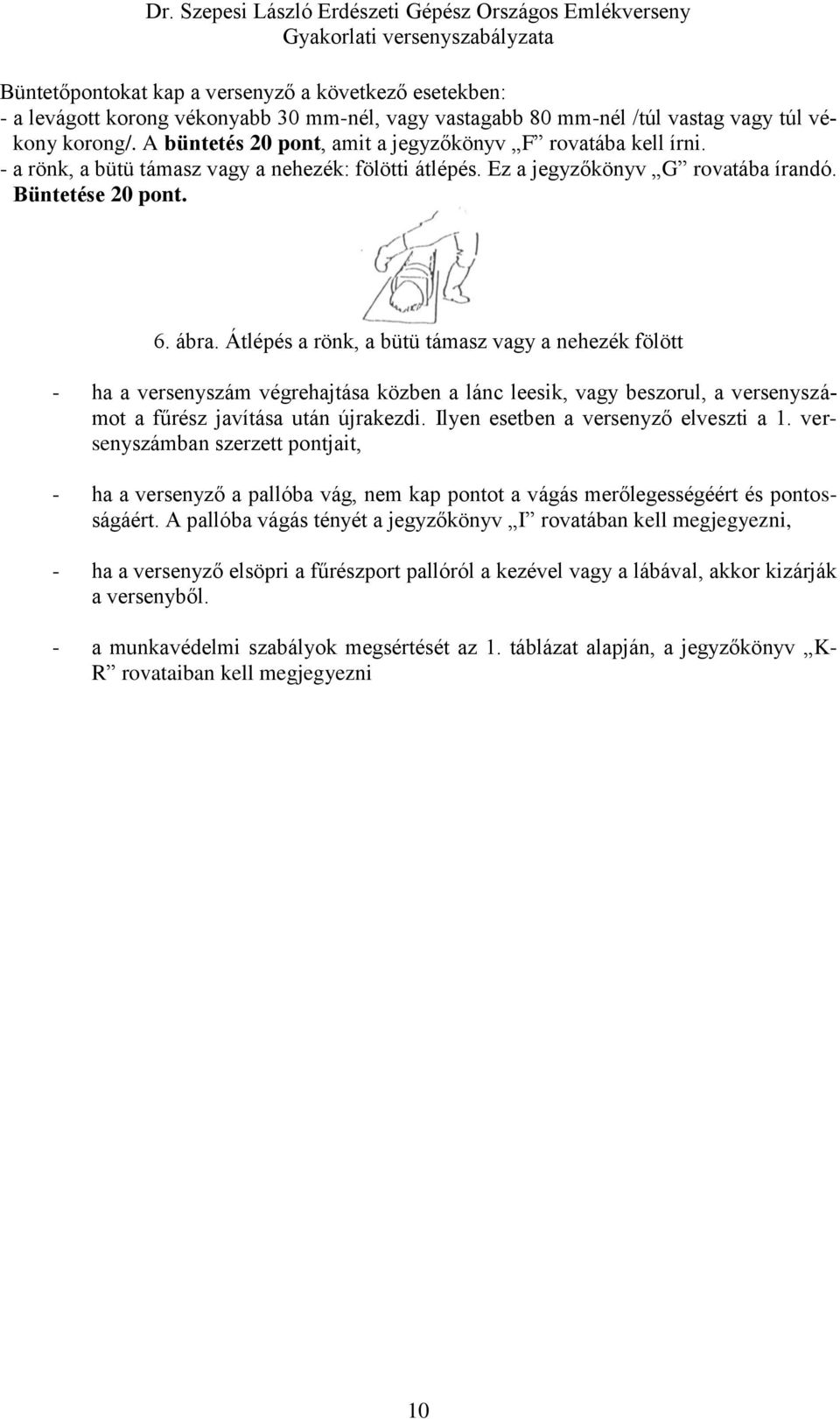 Átlépés a rönk, a bütü támasz vagy a nehezék fölött - ha a versenyszám végrehajtása közben a lánc leesik, vagy beszorul, a versenyszámot a fűrész javítása után újrakezdi.