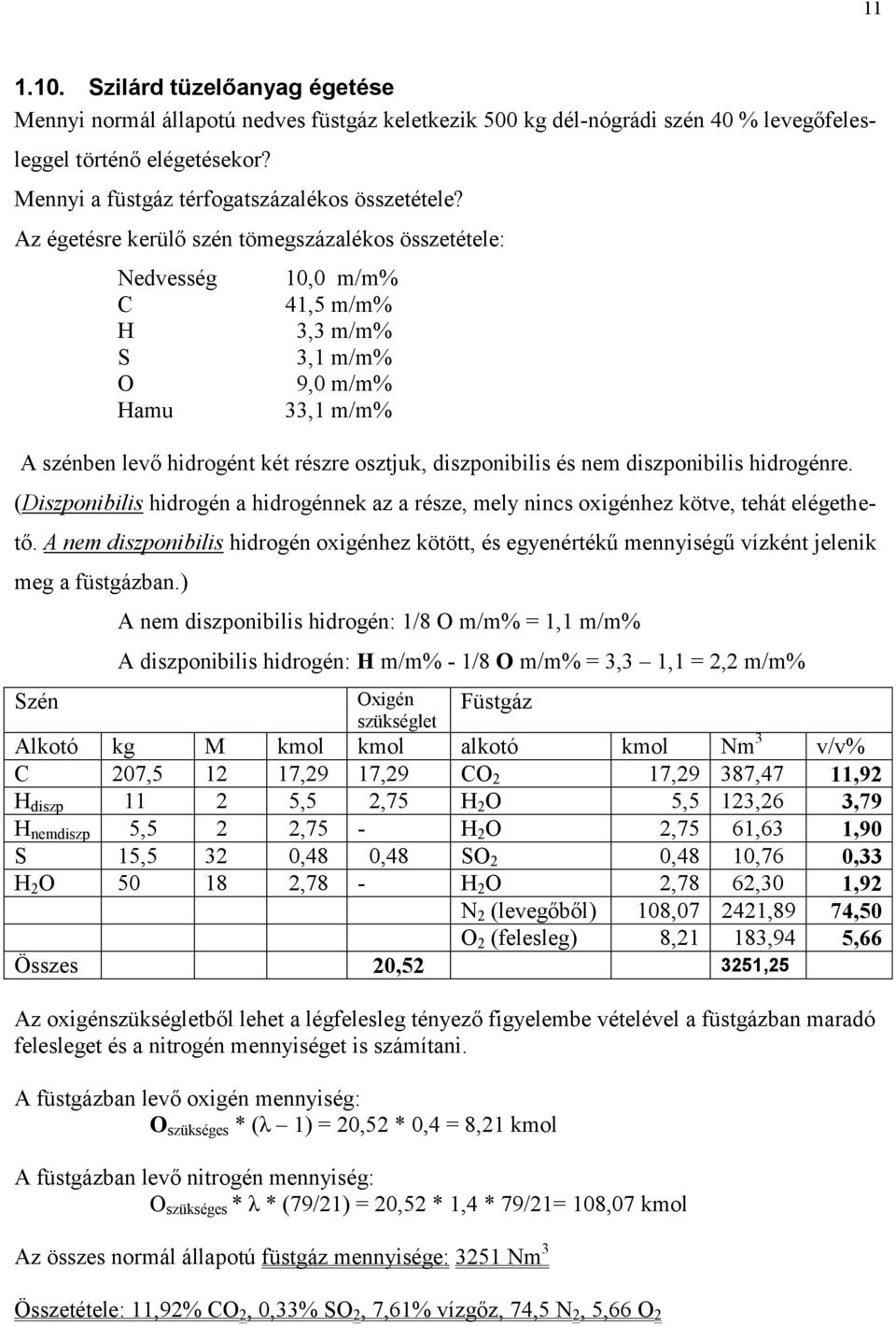 Az égetésre kerülő szén tömegszázalékos összetétele: Nedvesség C H S O Hamu 10,0 m/m% 41,5 m/m% 3,3 m/m% 3,1 m/m% 9,0 m/m% 33,1 m/m% A szénben levő hidrogént két részre osztjuk, diszponibilis és nem