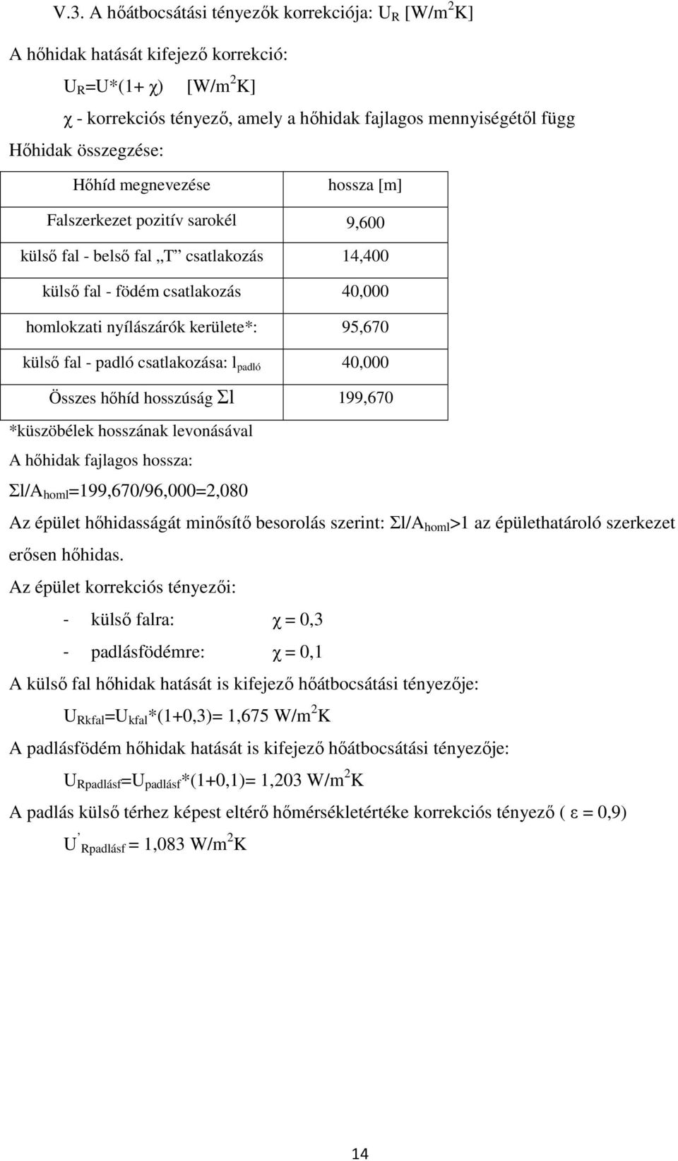 külső fal - padló csatlakozása: l padló 40,000 Összes hőhíd hosszúság Ʃl 199,670 *küszöbélek hosszának levonásával A hőhidak fajlagos hossza: Ʃl/A homl =199,670/96,000=2,080 Az épület hőhidasságát