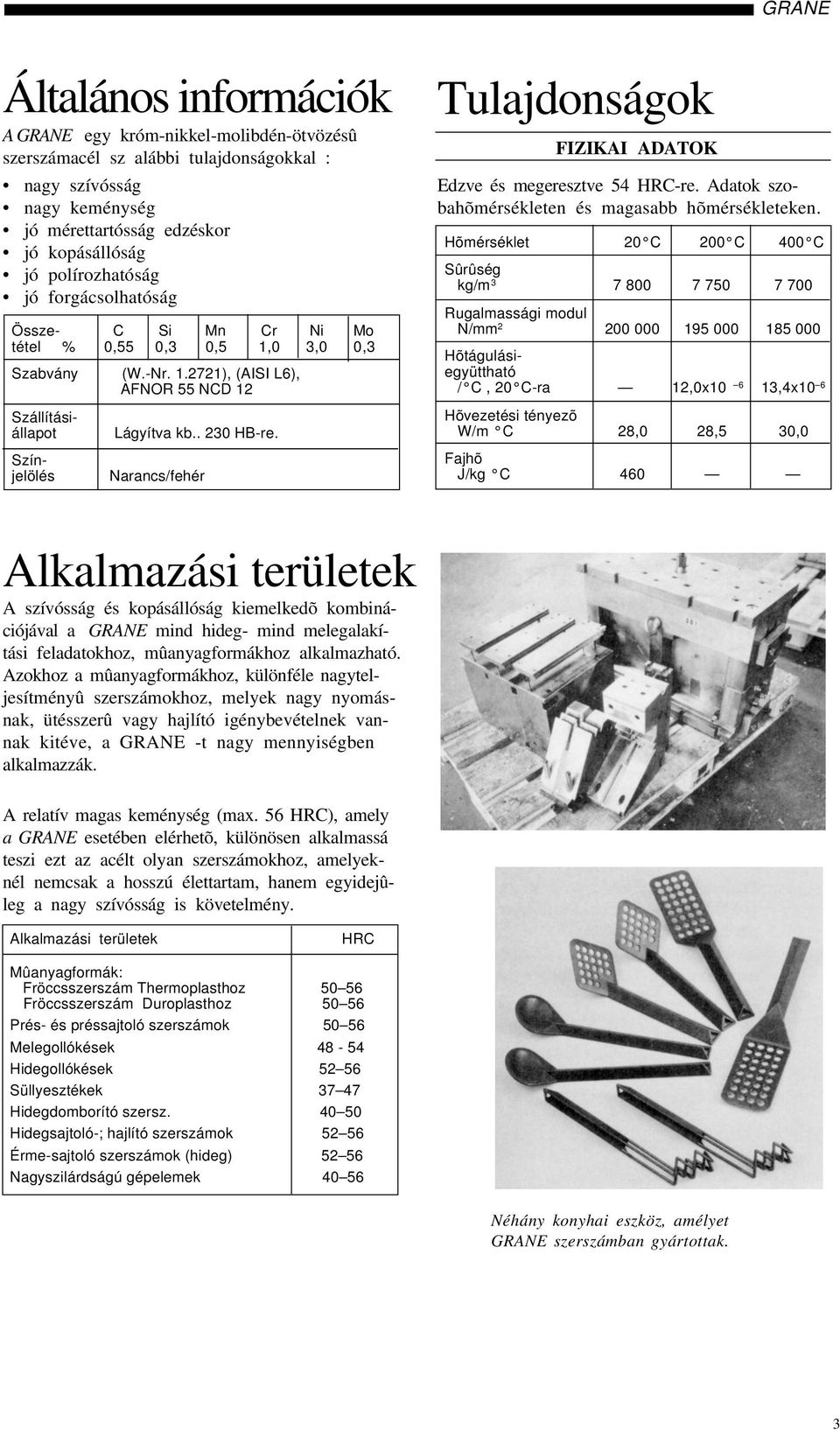 Narancs/fehér Tulajdonságok FIZIKAI ADATOK Edzve és megeresztve 54 HRC-re. Adatok szobahõmérsékleten és magasabb hõmérsékleteken.