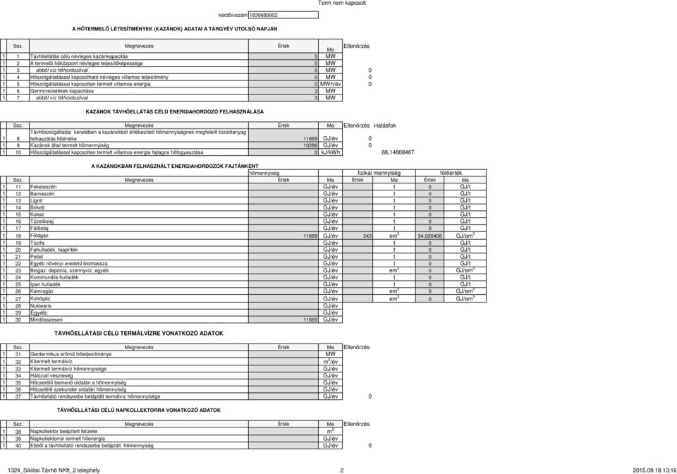 kapcsolható névleges villamos teljesítmény 0 MW 0 1 5 Hőszolgáltatással kapcsoltan termelt villamos energia 0 MWh/év 0 1 6 Gerincvezetékek kapacitása 3 MW 1 7 ebből víz hőhordozóval 3 MW KAZÁNOK
