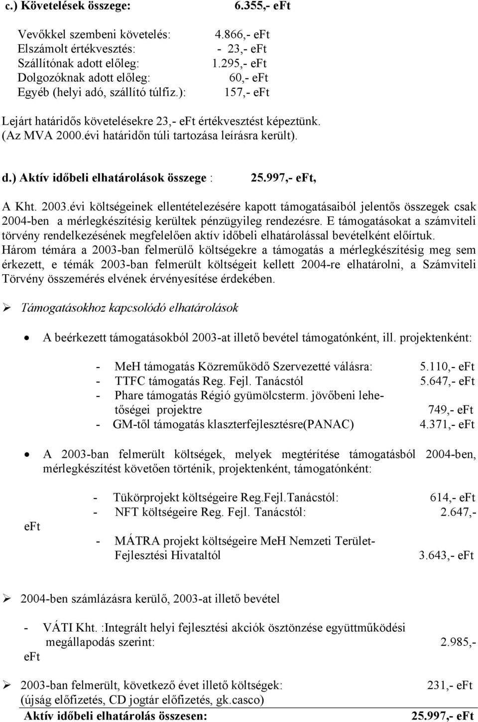 ) Aktív időbeli elhatárolások összege : 25.997,- eft, A Kht. 2003.