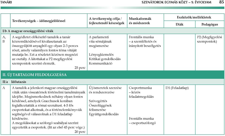 valamilyen fontos téma vitáját mutatja be. Ezt a részletet közösen megnézi az osztály. látottakat a P2 megfigyelési szempontok szerint elemzik.