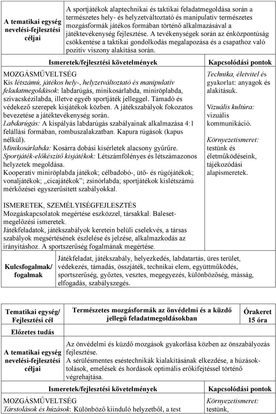 Kis létszámú, játékos hely-, helyzetváltoztató és manipulatív feladatmegoldások: labdarúgás, minikosárlabda, miniröplabda, szivacskézilabda, illetve egyéb sportjáték jelleggel.