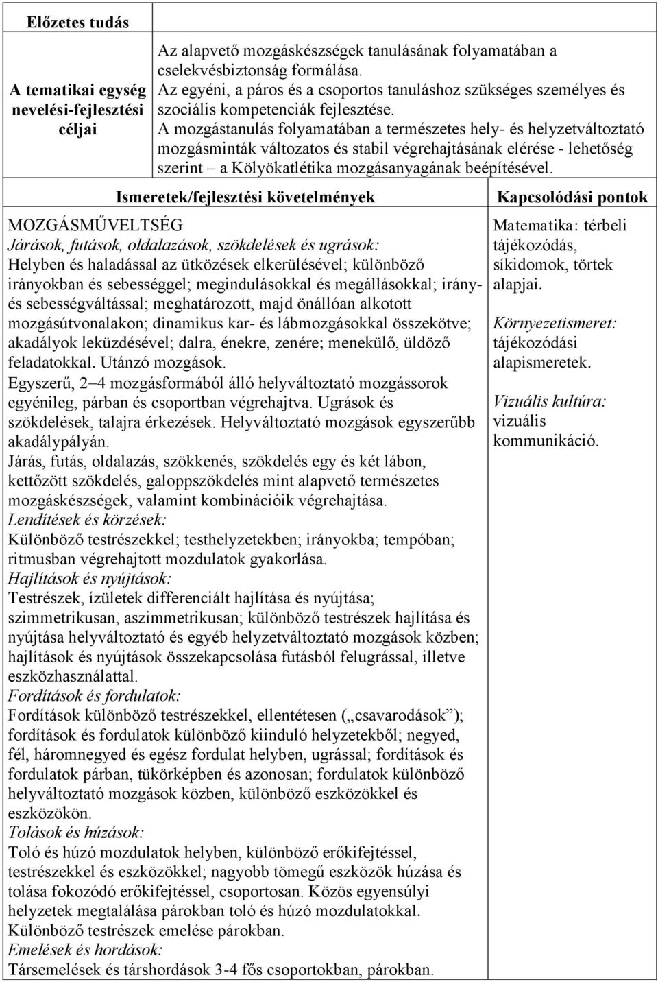 Járások, futások, oldalazások, szökdelések és ugrások: Helyben és haladással az ütközések elkerülésével; különböző irányokban és sebességgel; megindulásokkal és megállásokkal; irányés