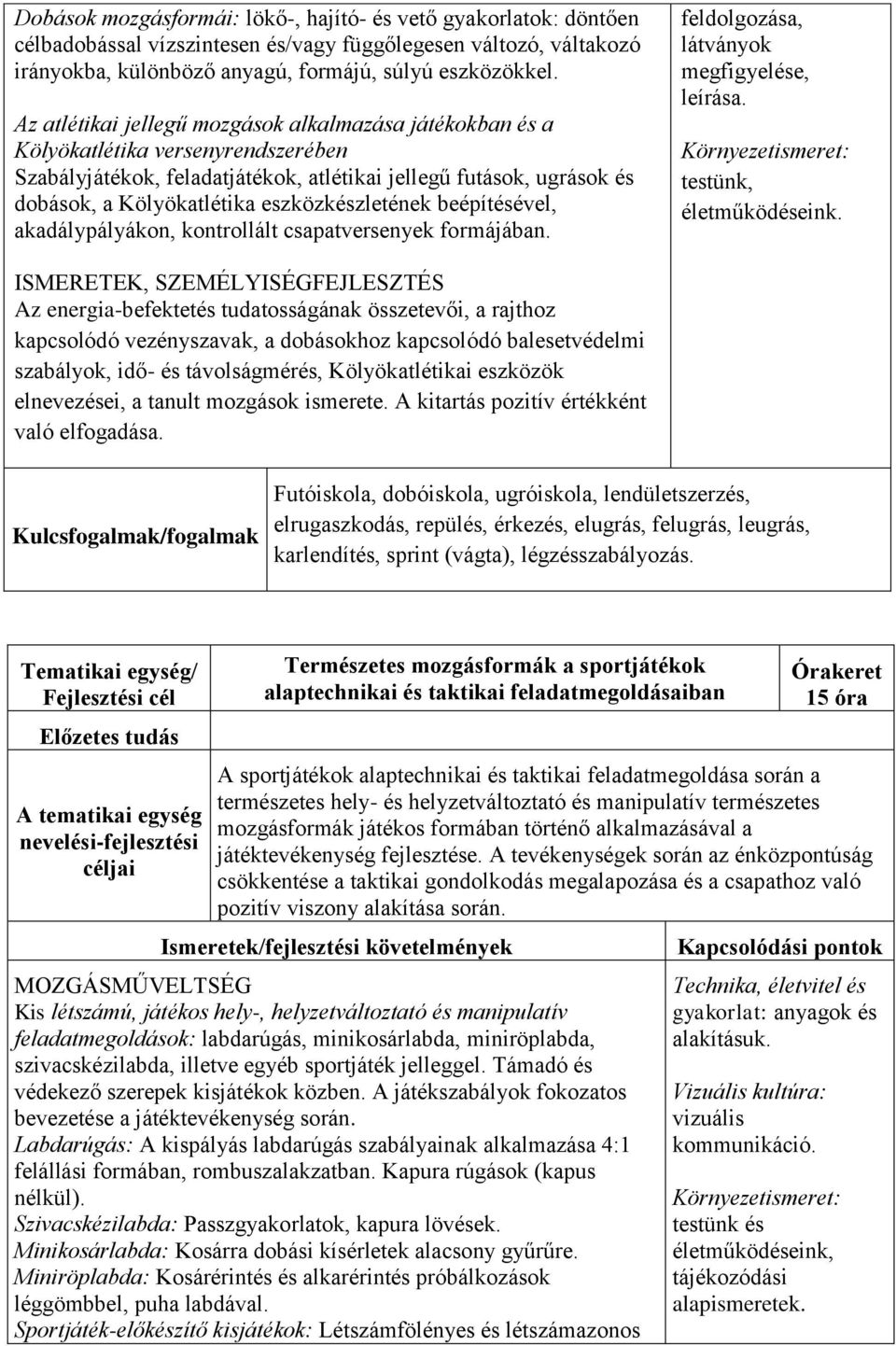 eszközkészletének beépítésével, akadálypályákon, kontrollált csapatversenyek formájában. feldolgozása, látványok megfigyelése, leírása. testünk, életműködéseink.