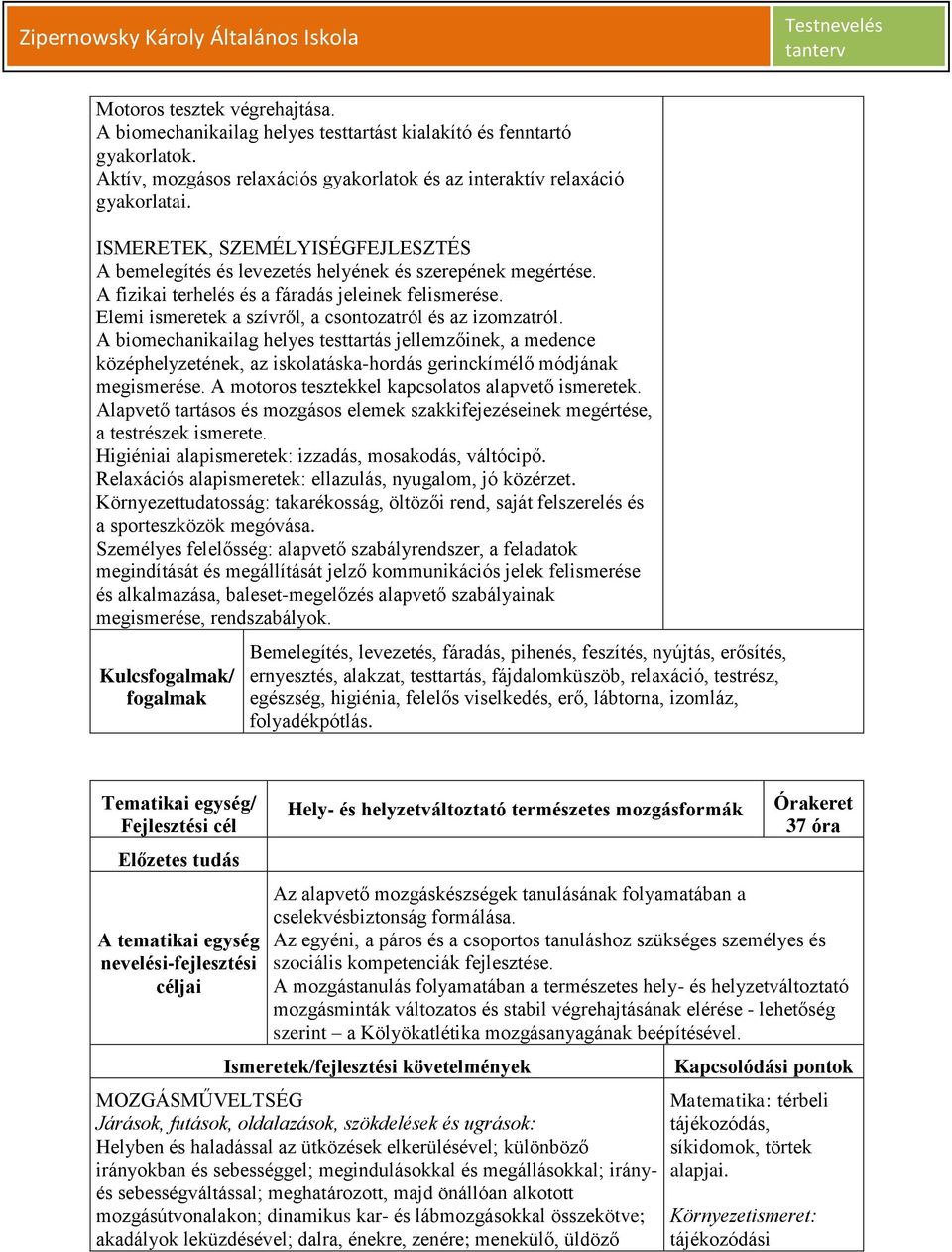 Elemi ismeretek a szívről, a csontozatról és az izomzatról. A biomechanikailag helyes testtartás jellemzőinek, a medence középhelyzetének, az iskolatáska-hordás gerinckímélő módjának megismerése.