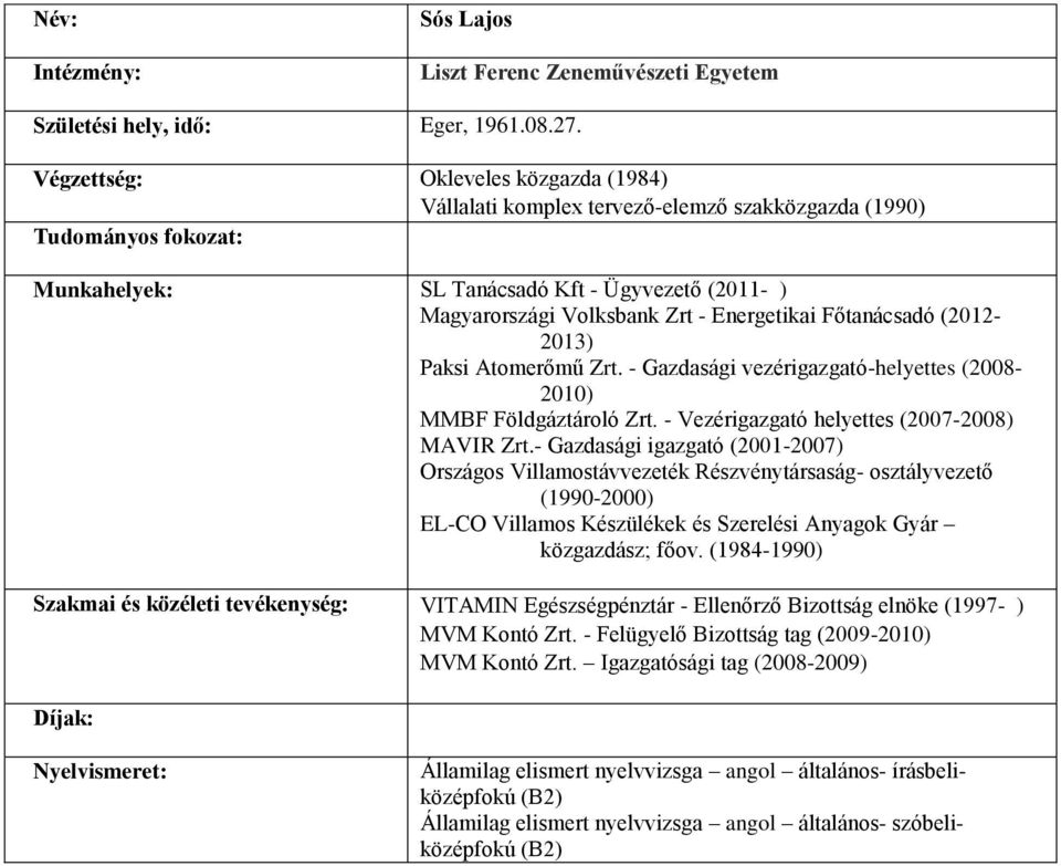 Főtanácsadó (2012-2013) Paksi Atomerőmű Zrt. - Gazdasági vezérigazgató-helyettes (2008-2010) MMBF Földgáztároló Zrt. - Vezérigazgató helyettes (2007-2008) MAVIR Zrt.