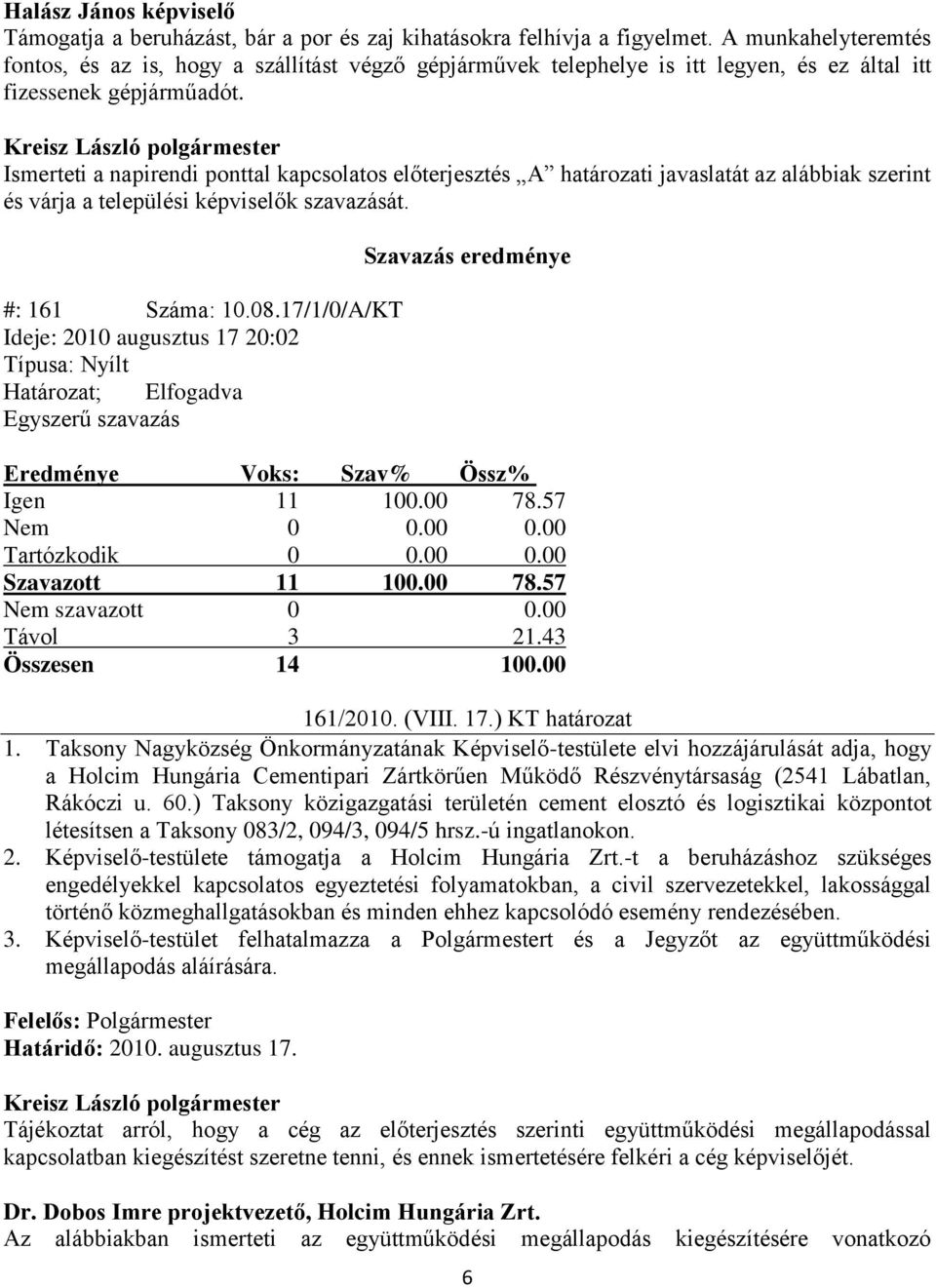 Ismerteti a napirendi ponttal kapcsolatos előterjesztés A határozati javaslatát az alábbiak szerint és várja a települési képviselők szavazását. #: 161 Száma: 10.08.