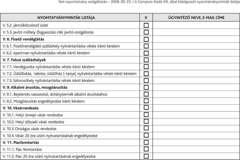 Sátorozóhely nyilvántartásba vétele iránti kérelem V. 9. Alkalmi árusítás, mozgóárusítás V. 9.1. Bejelentés szeszesital, dohánytermék alkalmi árusításához V. 9.2.