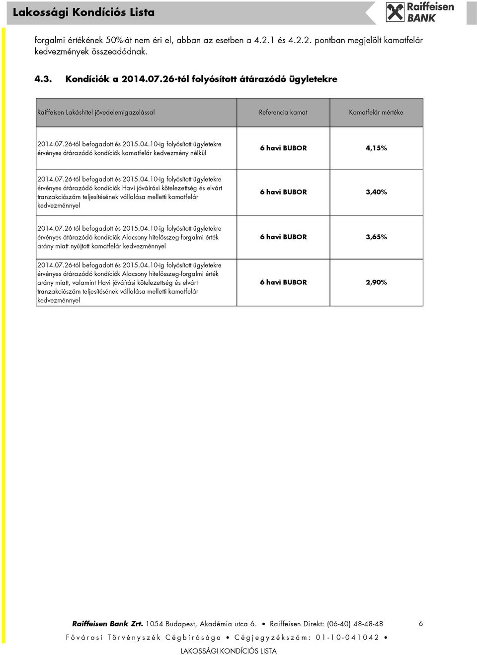 10-ig folyósított ügyletekre érvényes átárazódó kondíciók kamatfelár kedvezmény nélkül 6 havi BUBOR 4,15% 2014.07.26-tól befogadott és 2015.04.