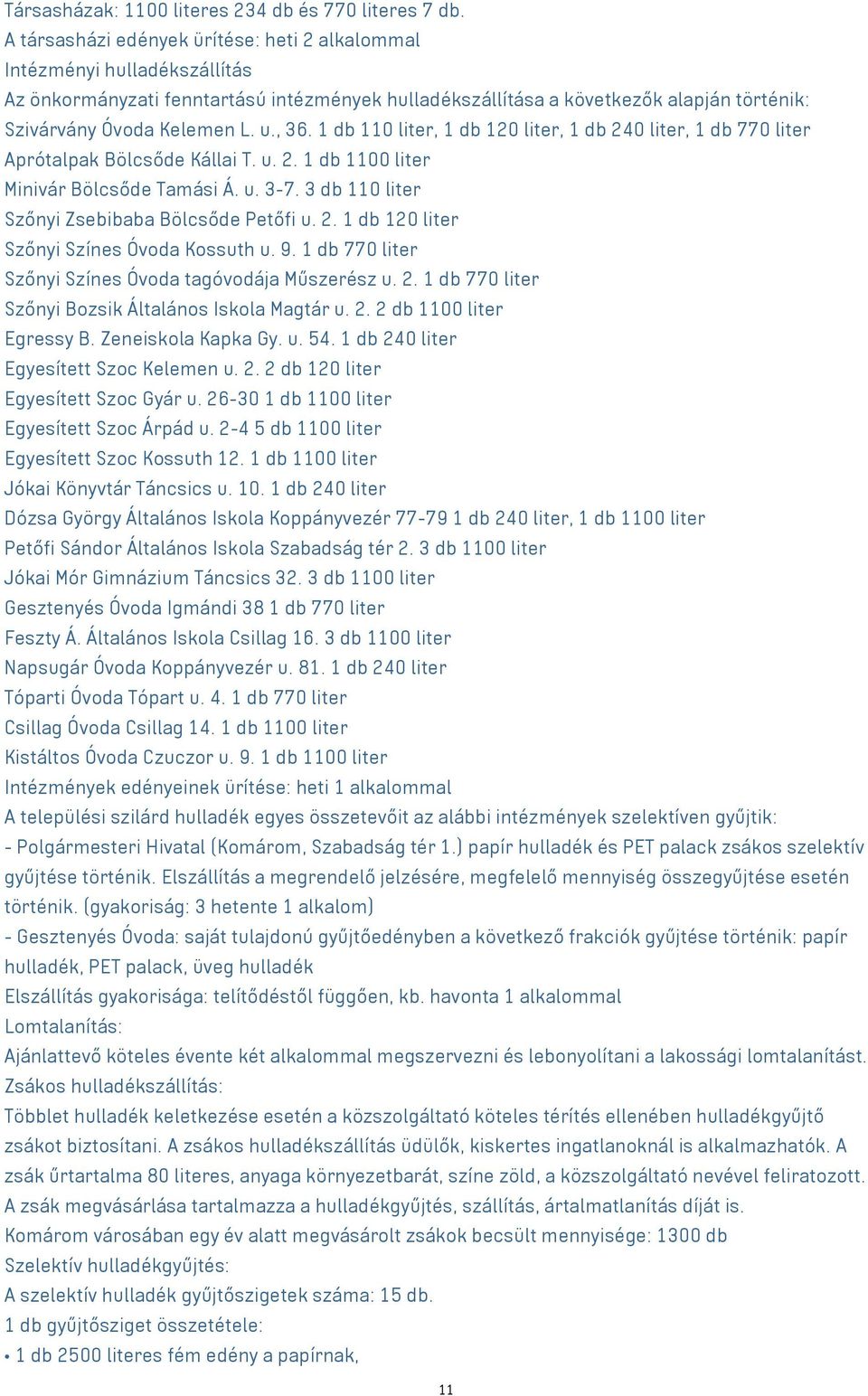 , 36. 1 db 110 liter, 1 db 120 liter, 1 db 240 liter, 1 db 770 liter Aprótalpak Bölcsőde Kállai T. u. 2. 1 db 1100 liter Minivár Bölcsőde Tamási Á. u. 3-7.