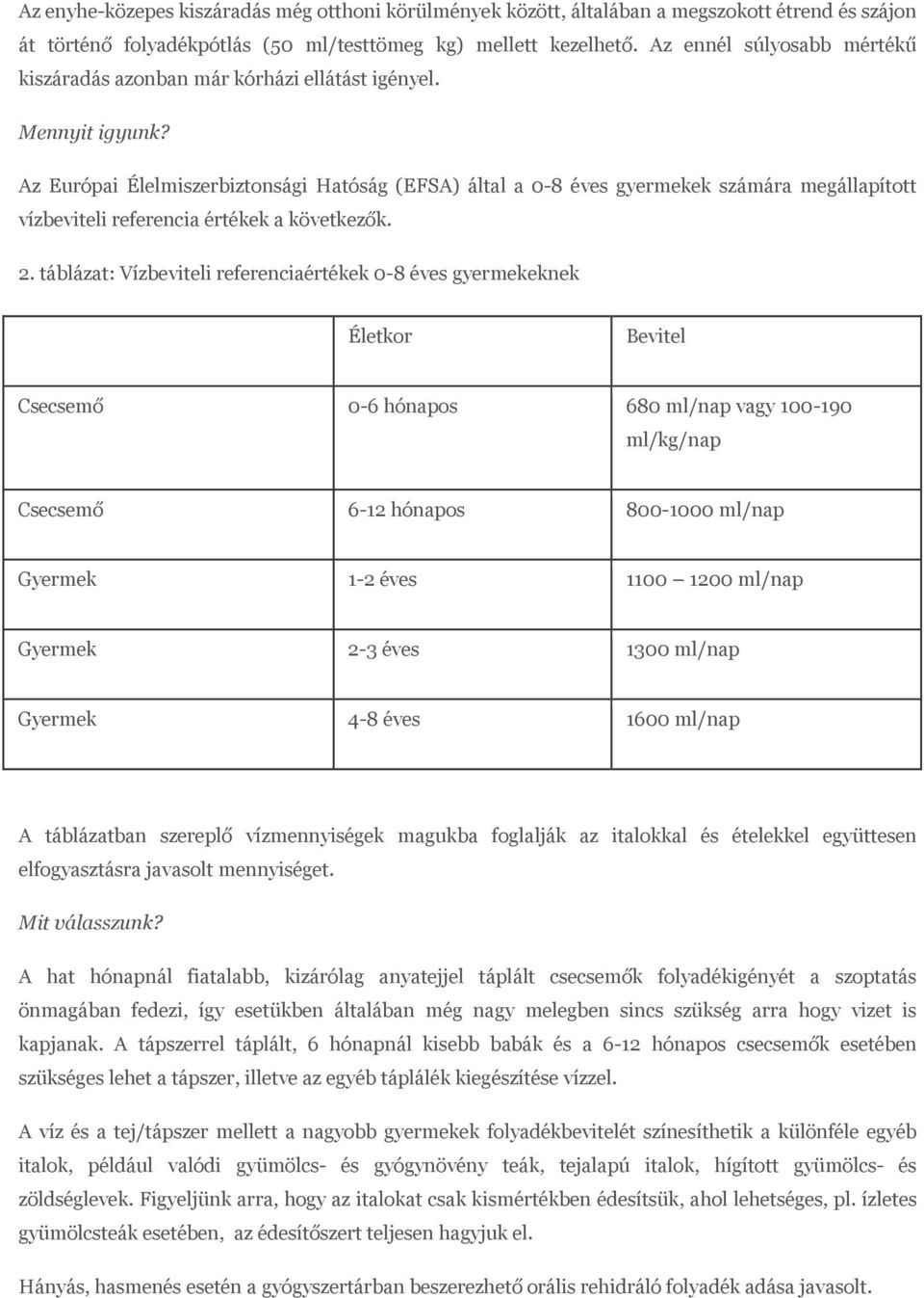 Az Európai Élelmiszerbiztonsági Hatóság (EFSA) által a 0-8 éves gyermekek számára megállapított vízbeviteli referencia értékek a következők. 2.