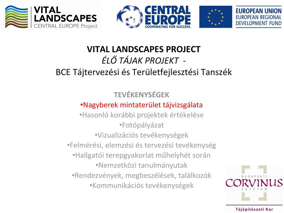 Fotópályázat Vizualizációs tevékenységek Felmérési, elemzési és tervezési tevékenység Hallgatói