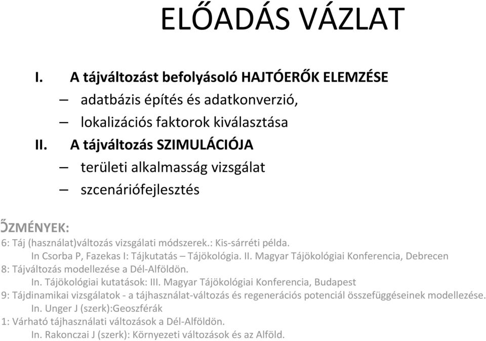 In Csorba P, Fazekas I: Tájkutatás Tájökológia. II. Magyar Tájökológiai Konferencia, Debrecen 2008: Tájváltozás modellezése a Dél-Alföldön. In. Tájökológiai kutatások: III.