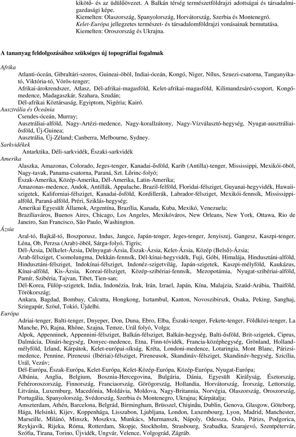 A tananyag feldolgozásához szükséges új topográfiai fogalmak Afrika Atlanti-óceán, Gibraltári-szoros, Guineai-öböl, Indiai-óceán, Kongó, Niger, Nílus, Szuezi-csatorna, Tanganyikató, Viktória-tó,