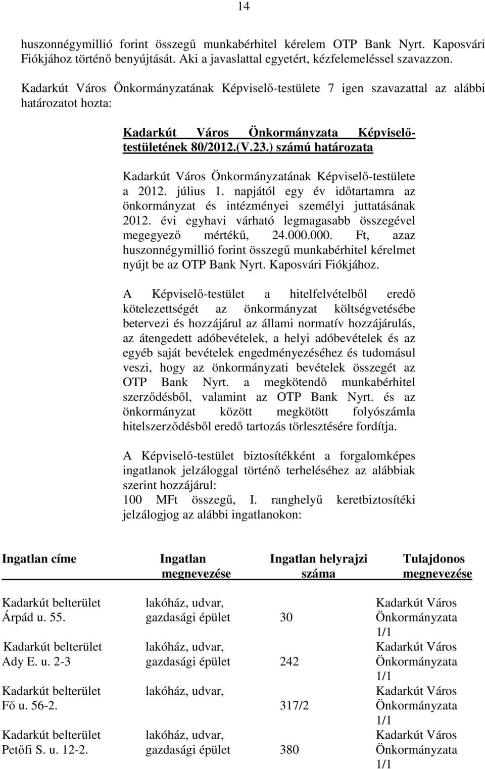 napjától egy év idıtartamra az önkormányzat és intézményei személyi juttatásának 2012. évi egyhavi várható legmagasabb összegével megegyezı mértékő, 24.000.