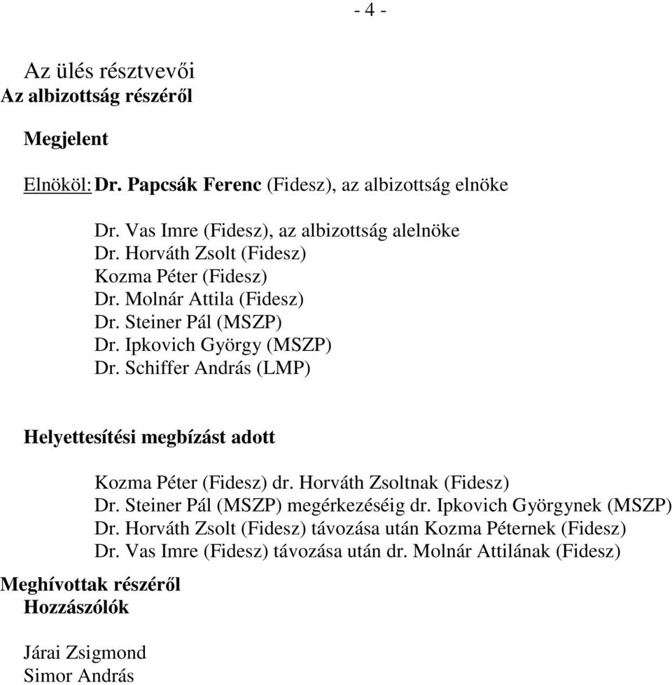 Ipkovich György (MSZP) Dr. Schiffer András (LMP) Helyettesítési megbízást adott Meghívottak részéről Hozzászólók Járai Zsigmond Simor András Kozma Péter (Fidesz) dr.