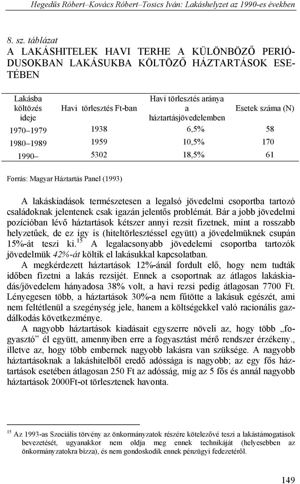 háztartásjövedelemben 1970 1979 1938 6,5% 58 1980 1989 1959 10,5% 170 1990 5302 18,5% 61 A lakáskiadások természetesen a legalsó jövedelmi csoportba tartozó családoknak jelentenek csak igazán