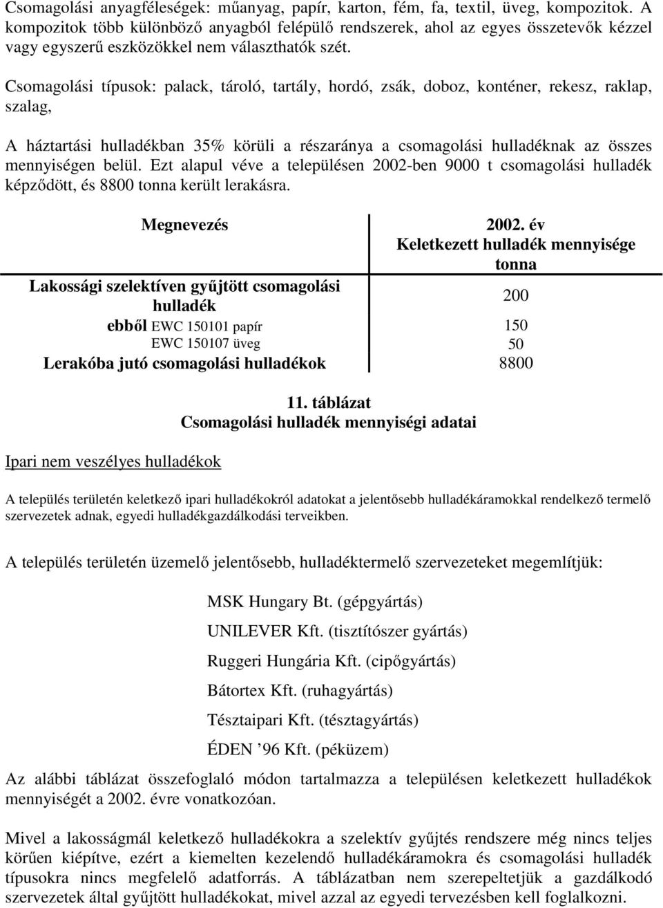 Csomagolási típusok: palack, tároló, tartály, hordó, zsák, doboz, konténer, rekesz, raklap, szalag, A háztartási hulladékban 35% körüli a részaránya a csomagolási hulladéknak az összes mennyiségen