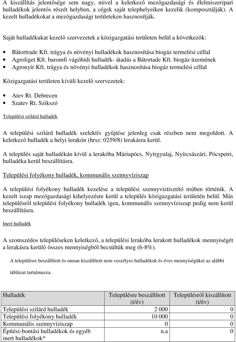 trágya és növényi hulladékok hasznosítása biogáz termelési céllal Agroliget Kft. baromfi vágóhídi hulladék- átadás a Bátortade Kft. biogáz üzemének Agronyír Kft.