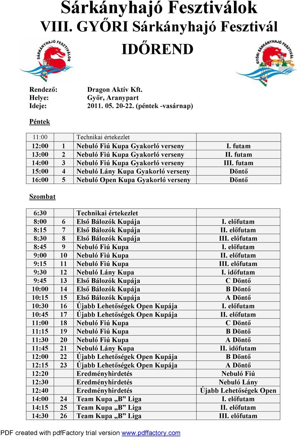futam 15:00 4 Nebuló Lány Kupa Gyakorló verseny Döntő 16:00 5 Nebuló Open Kupa Gyakorló verseny Döntő Szombat 6:30 Technikai értekezlet 8:00 6 Első Bálozók Kupája I.