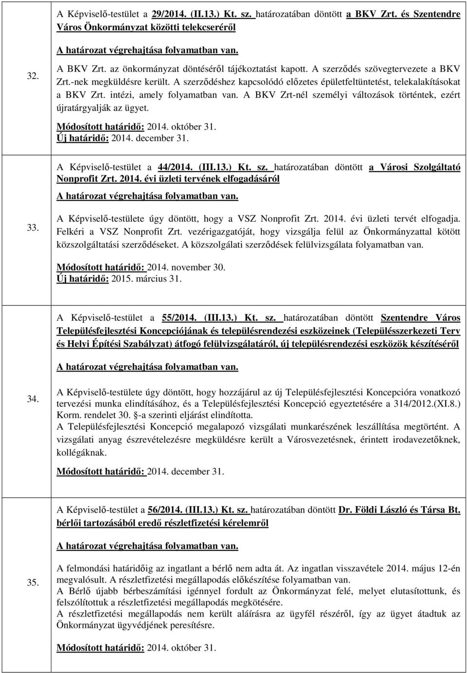 A BKV Zrt-nél személyi változások történtek, ezért újratárgyalják az ügyet. Új határidő: 2014. december 31. A Képviselő-testület a 44/2014. (III.13.) Kt. sz. határozatában döntött a Városi Szolgáltató Nonprofit Zrt.