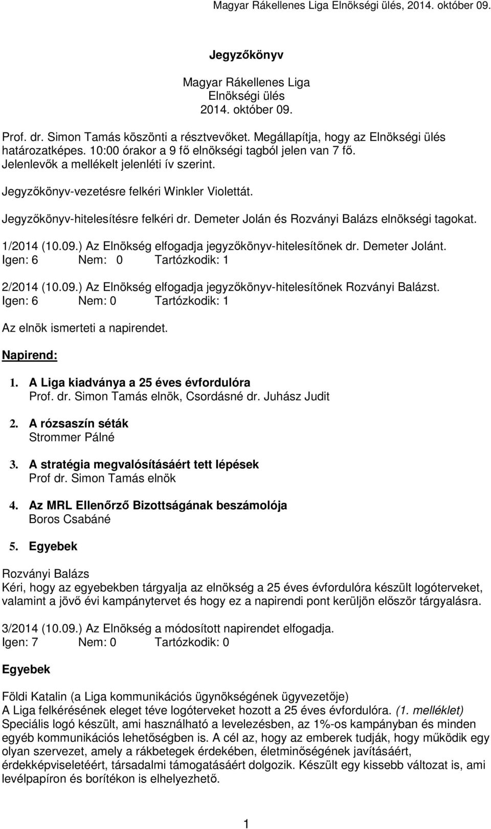 Demeter Jolán és elnökségi tagokat. 1/2014 (10.09.) Az Elnökség elfogadja jegyzőkönyv-hitelesítőnek dr. Demeter Jolánt. Igen: 6 Nem: 0 Tartózkodik: 1 2/2014 (10.09.) Az Elnökség elfogadja jegyzőkönyv-hitelesítőnek t.
