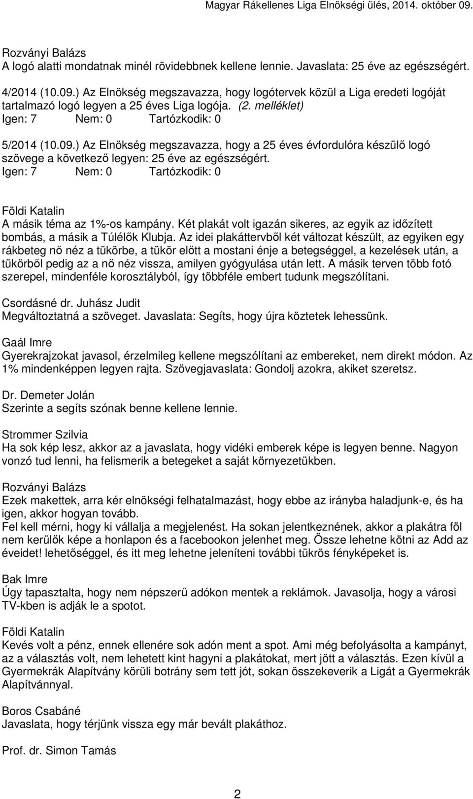 ) Az Elnökség megszavazza, hogy a 25 éves évfordulóra készülő logó szövege a következő legyen: 25 éve az egészségért. Földi Katalin A másik téma az 1%-os kampány.