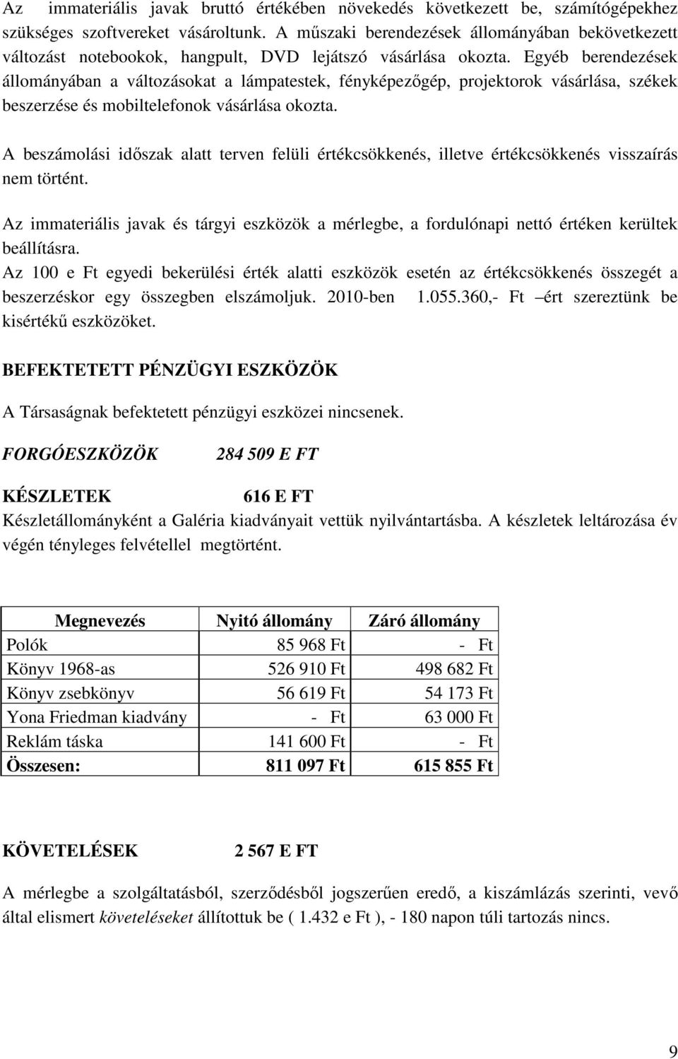 Egyéb berendezések állományában a változásokat a lámpatestek, fényképezőgép, projektorok vásárlása, székek beszerzése és mobiltelefonok vásárlása okozta.