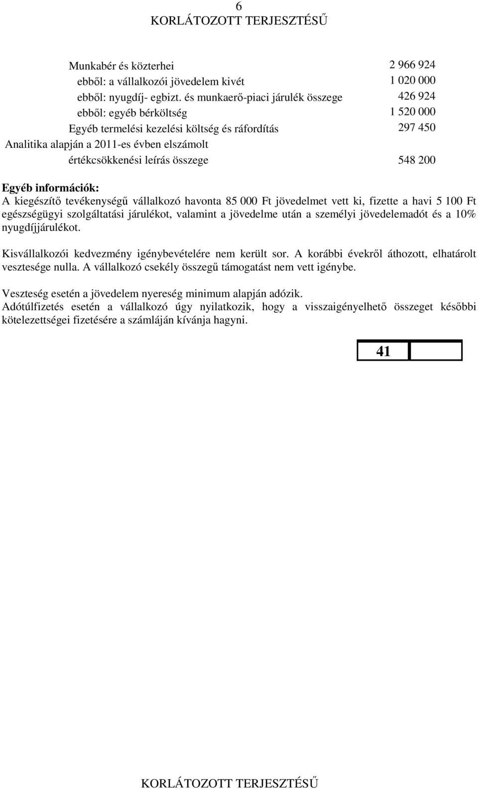 fizette a havi 5 100 Ft egészségügyi szolgáltatási ot, valamint a jövedelme után a személyi jövedelemadót és a 10% nyugdíjot. Kisvállalkozói kedvezmény igénybevételére nem került sor.